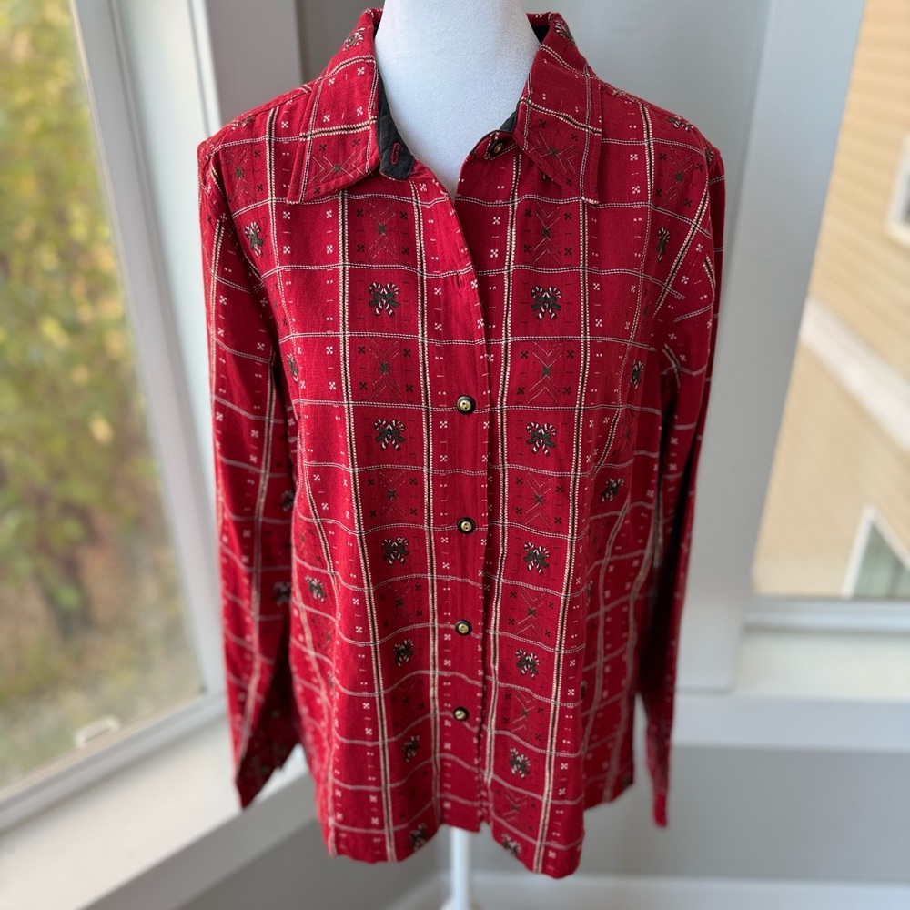 Vintage 90s Krazy Kat Red Plaid Metallic Christmas Woven Button Down Shirt Sz L